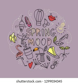 Doodle style illustration. Hand drawing. Spring mood. Human and nature . Vector objects set.