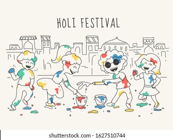 Ilustración estilo doodle del personaje de Happy Kids celebrando el Festival Holi frente a House Cities.