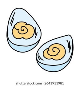 Doodle style illustration of hard boiled eggs with yolk sauce filling in the center