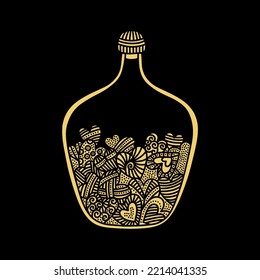 Ilustración de estilo Doodle. Corazones dentro de la botella, dibujados a mano