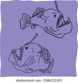 Doodle style illustration or line art of the deep sea fish or black devil fish