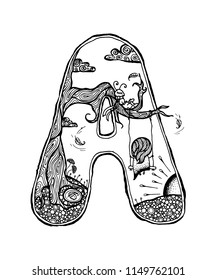 Doodle style illustration of a little girl swinging on swings and an ant on a tree, in the shape of letter A