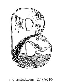 Doodle style illustration of a little girl lies in hammock on tropical beach, sun,  sea, palm tree wet clothes on a rope,a bird looks out of his pocket of clothes,  in the shape of letter B