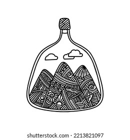 Ilustración de estilo Doodle. Montañas dentro de la botella, dibujadas a mano