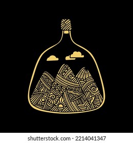 Doodle style illustration. Mountains inside the bottle, hand-drawn