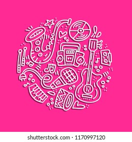 Doodle style illustration with music symbols. Circle illustration with saxophone, guitar, microphone and other symbols.