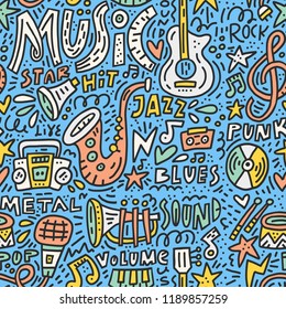 Doodle style illustration with music symbols. Seamless pattern with different musical symbols.