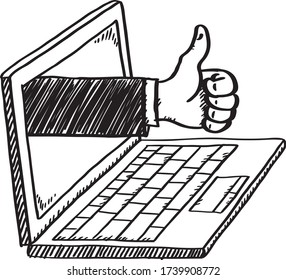 Doodle style illustration of notebook with thumbs up. Hand drawn doodle vector illustration.