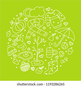 Doodle style illustration on green background about aunumn with pumpkin, hat, sweater, scarf, umbrella, boots, coffee, basket, mushrooms, pear, apple cookies, acorns, rowan, boat