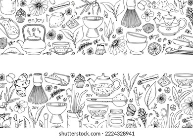 Doodle style illustration. Organic tea matcha powder, tea leaves tools for Japanese tea ceremony. Vector sketch background