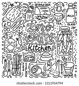 Doodle style illustration with reuse objects for kitchen. Zero waste concept. Eco friendly style