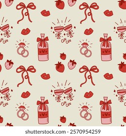 Doodle style illustration. Seamless pattern with hand drawn elements. Strawberries, champagne bottle, glasses, bow, lips, and wedding rings. Vintage design for wallpaper, clothing and wrapping paper.