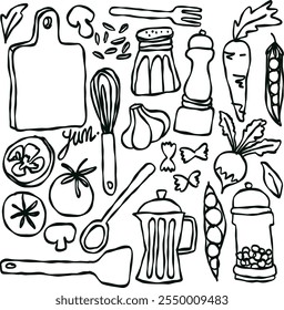 Doodle style illustration set of kitchen elements, food illustrations and kitchen utensils	