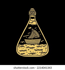 Doodle style illustration. The ship inside the bottle, hand-drawn