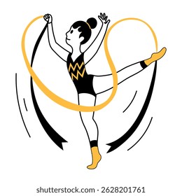 Uma ilustração estilo doodle mostrando ginástica rítmica com fita


