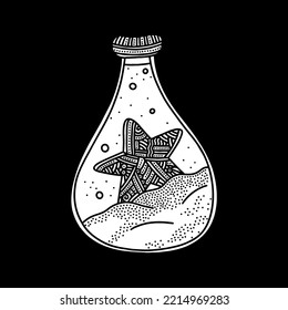 Doodle style illustration. A starfish inside the bottle, hand-drawn.
