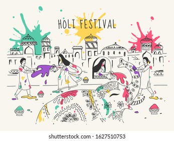 Ilustración estilo doodle de parejas jóvenes celebrando el Festival Holi con Elefante frente a la casa.