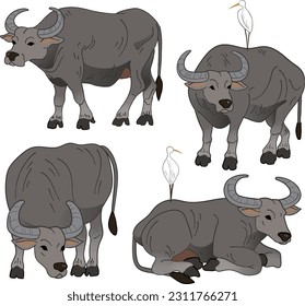 Doodle style illustrations of Asian water buffalo with egret standing on the back