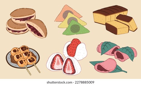 Ilustraciones de estilo Doodle de aperitivos japoneses, incluyendo dorayaki, yatsuhashi, castella, dango, fresa daifuku y sakura mochi.