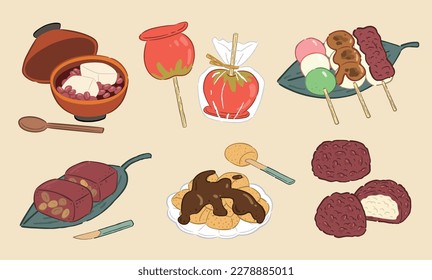 Illustrationen im Doodle-Stil japanischer Snacks, darunter Azimai, Yokan, Kerzenapfel, Dango, Warabemochi und Botamochi.