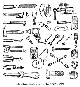 Doodle style images of plumbing and home tools to repair and fix the car. Black white drawing