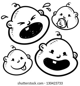 Doodle style infant or baby illustration in vector format.  Includes several looks, crying, smiling, with pacifier, and with tongue sticking out.