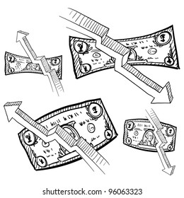 Doodle style inflation, deflation, and value symbols for paper currency or dollar bill in vector format.  Includes arrows to indicate rise or fall in value.