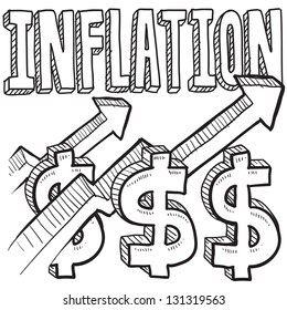 Doodle style inflation is increasing icon in vector format.  Includes text, up arrow, and dollar signs.