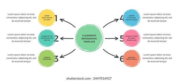 Estilo Doodle - Plantilla infográfica con círculo principal y seis Elementos para su texto, círculos dibujados a mano y flechas, Vector eps10 ilustración