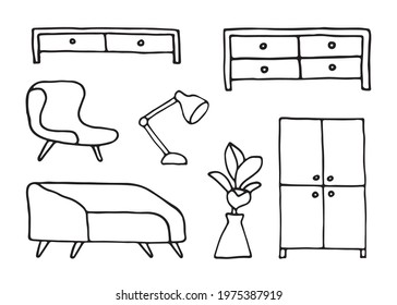 Doodle style interior. Wardrobe, sofa, armchair, houseplant, TV stand, table lamp. Vector EPS 10