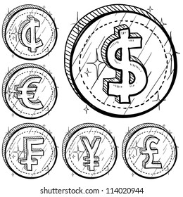 Doodle style international currency symbol coins.  Set includes American Dollar, Cent, Euro, French Franc, Japanese Yen, and British Pound Sterling. Vector format.