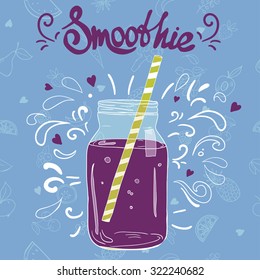 Doodle style jar, fruits and splashes. Smoothie template for design