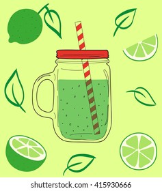 Doodle style jar with lime lemonade. Vector illustration.