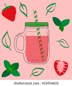 Doodle style jar with strawberry and mint lemonade. Vector illustration.