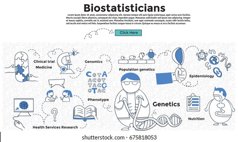 Doodle Style. Job Biostatistics Concept. Modern Line Style Concept For Web Banners. Epidemiology; Health Services Research; Nutrition; Environmental; Clinical Trial; Genomics