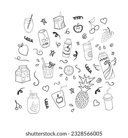 Doodle style juices set. Hand drawn drinks and fruits.