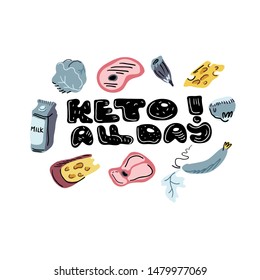 Doodle style keto products on an isolated background. Meat steak, nuts, milk, cheese and vegetables with hand drawn challenge phrase Keto All Day. Healthy low carb eating concept. Flat design element.