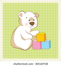 Doodle style kid's teddy bear With the cubes in vector. Early Learning kindergarten illustration.
