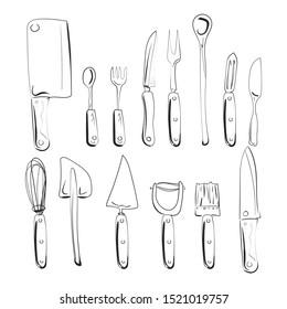 Doodle style kitchenware hand drawn vector illustration, cooking equipment, black and white transparent chef set