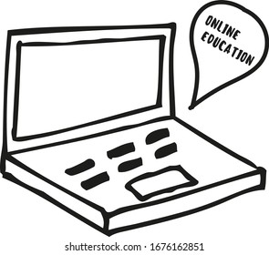 Doodle Style - a laptop for distance education during the epidemic of 2020. Computer painted by hand, isolated on a white background