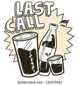 Doodle Style Las Call Alcohol Drinking Sketch In Vector Format.  Includes Pint Glass, Text, Shot Glass, And Beer Bottle.