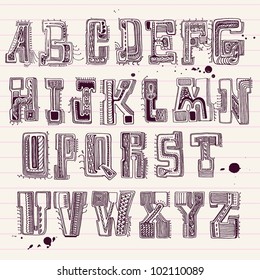 Doodle style latin alphabet. Vector 