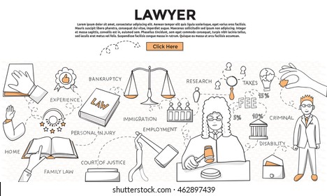 Doodle style. Lawyer concept. Modern line style concept for web banners. Lawyer , family law, personal injury, bankruptcy, immigration, home, employment, disability, taxes