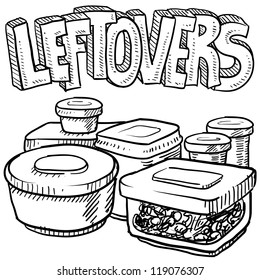 Doodle style leftovers in plastic containers illustration from holiday meals and text message.  Vector format.