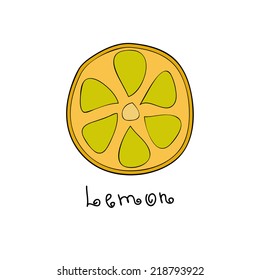 Doodle style lemon slice on white background with hand drawn text below