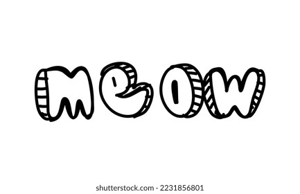 Doodle style lettering meow. Symbol of cats and kittens. Minimalistic sticker for social media and reaction for messengers. Graphic element for printing on fabric. Cartoon flat vector illustration