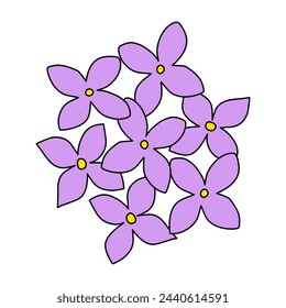 Doodle style lilac or hydrangea flowers, top view, spring design element, vector