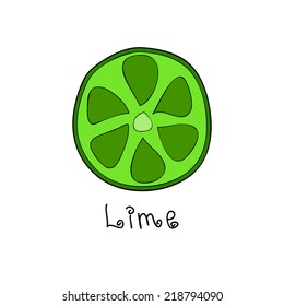 Doodle style lime slice on white background with hand drawn text below