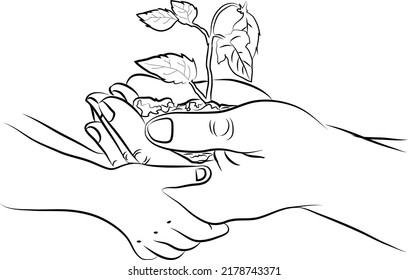 Doodle style line art drawing of hands of father and son planting a tree together. Global tree plantation day. Teach youngsters importance of plantation. Agriculture ecology concept. nature concept