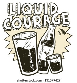 Doodle style liquid courage alcohol drinking sketch in vector format.  Includes pint glass, text, shot glass, and beer bottle.